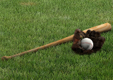 Baseball bat glove on green grass